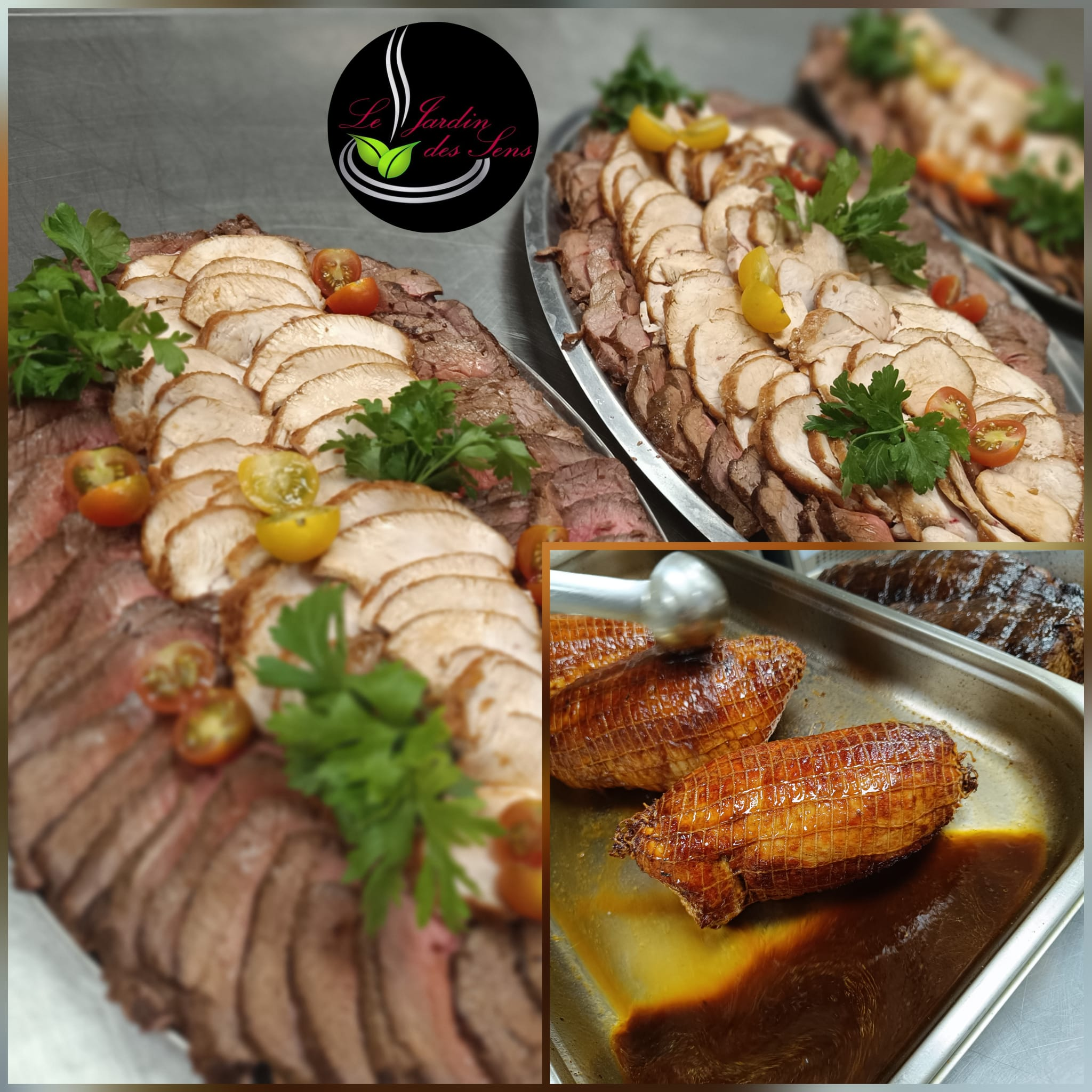 Plat traiteur de banquet, pièces de viande tranchées